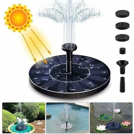 Fontaine solaire pour bassin - 1,4 watt - 150 litres/heure - Hauteur maximale du jet d'eau : 70 cm - 4 buses - Flottante - Diamètre : 16 cm - Étanchéité IPX8 - Matériau : ABS (1/3)
