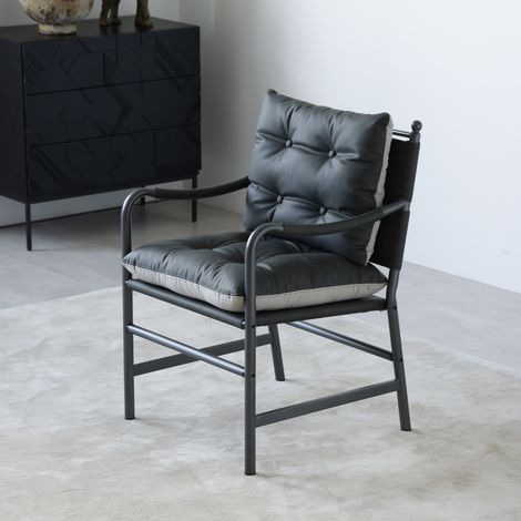 Poltrona accento moderna in cuoio rigenerato nero, stile Mid Century, con struttura in metallo nero per soggiorno, camera da letto o ufficio CHICFURN (1/5)