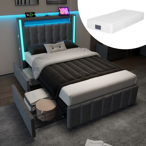 lit chambre rangement LED USB 1 place 90x200 lin gris OKMYHOME (1/5)