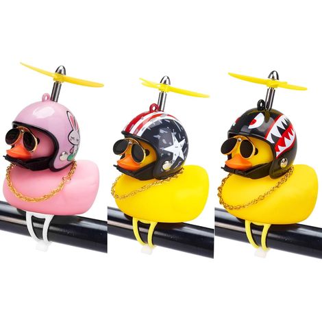 Sonnette de vélo canard avec lumière et casque à hélice, mignonne corne de vélo canard, décoration de tableau de bord de voiture, ornements de sonnette de vélo pour moto, canard en caoutchouc à presse