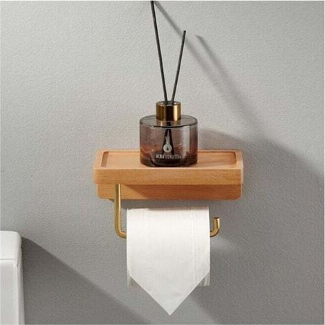 Porte-papier toilette en bois massif hêtre – Double installation autocollante ou murale – Coins arrondis – Support décoratif salle de bain cuisine (1/4)