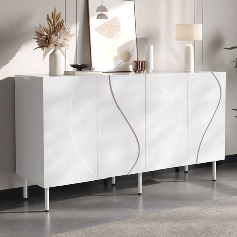 Buffet Bahut rangement portes galbées 3D design sans poignées panneaux PB et MDF pieds métal (1/5)
