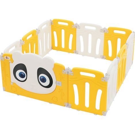 Joyz Box Bambini 120x120 cm Pieghevole Design Panda Bianco/Giallo Cancelletto con Porta e Orologio Didattico Recinto in Plastica per Interni/Esterni Cancelletto per l’Esplorazione dei Neonati