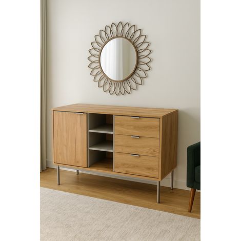 Mueble aparador Md-Sofia 1 puerta, 3 cajones acabado roble natural, 120cm(ancho) 75cm(altura) 39.5cm(fondo)