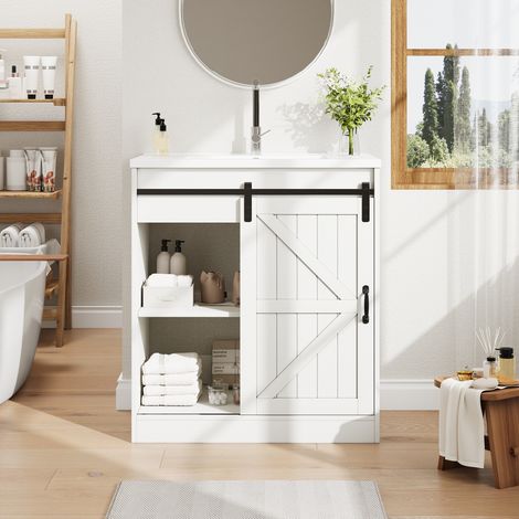 LINHOO Meuble Vasque avec Lavabo Céramique, Tiroirs et Placard, Design Moderne Salle de Bain (1/5)