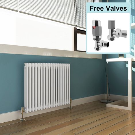 ELEGANT 600 x 812 mm Traditional Horizontal Cast Iron Style Radiator with White Double Column + Chrome Thermostatic Radiator Valves (1/5)