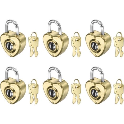 6x Herz Vorhängeschloss mit 2 Schlüsseln, Mini Schloss Gold, Metall, für Tagebuch & Koffer