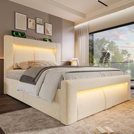 Lit coffre simple 90x200 avec LED, USB et USB-C, tête de lit courbée, velours - beige