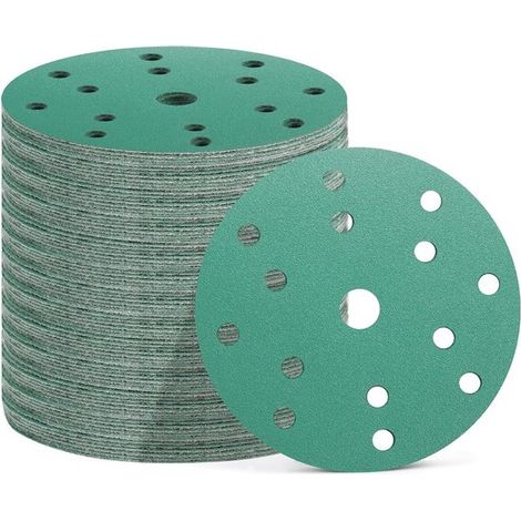50 discos de lijado de 150 mm con 15 agujeros - Granulometría 60/80/120/180/400 para lijadoras orbitales (1/5)