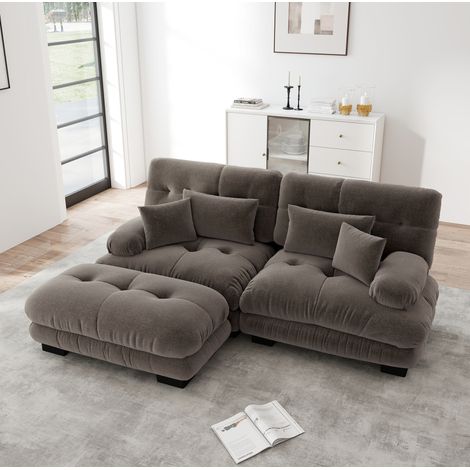 Sofá esquinero 220×145×81 cm de chenilla marrón con otomanas móviles, estilo cloud y gran confort (1/5)