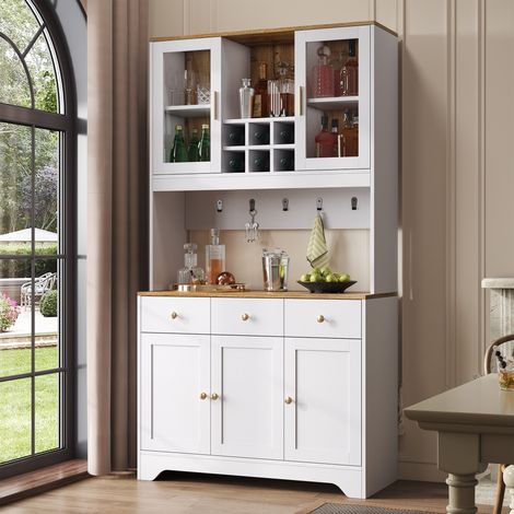 Credenza con 3 cassetti e diversi vani portaoggetti, maniglie dorate, pensile in legno bianco, 94,5x30x175,5 cm, per soggiorno e sala da pranzo, Bianco (1/5)