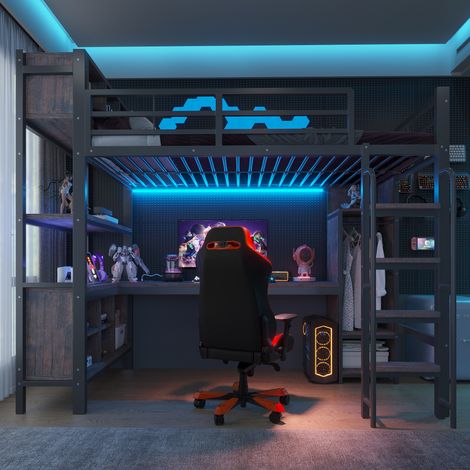 Lit mezzanine gaming 90x200 cm avec bureau et armoire,LED et prises européennes avec garde-corps haut,métal,contreplaqué et MDF,noir (1/5)