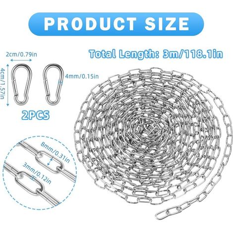 Edelstahlkette pro Meter, 3 mm, 3 m – Edelstahlkette mit Karabiner – Hängekette aus Stahl – Edelstahl-Gliederkette für Hunde – Ankerkette – Kette (1/4)