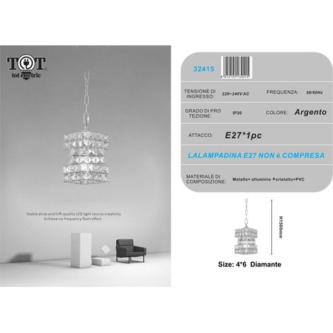Lampadario sospeso rettangolare intrecciato con cristalli lampada luce led attacco E27 oro argento per camera cucina soggiorno Argento