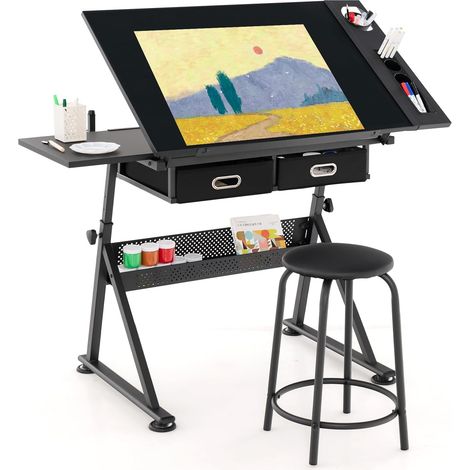 GOPLUS Table à Dessin Inclinable avec Tabouret, Station de Dessin Hauteur Réglable 65-90,5 CM, Plateau Coulissant, 2 Grands Tiroirs et Porte-Stylo, Support Triangulaire, pour Peinture (1/5)