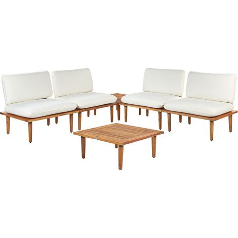 Salon de Jardin Moderne 4 Places en Bois d'Acacia Certifié avec Coussins Blanc Cassé Frascati