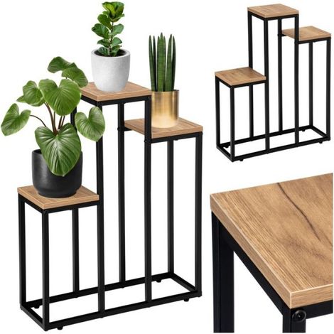 Support À Fleurs - Métal Noir - Panneaux Stratifiés Craft - 3 Étagères - Hauteur 67 Cm - Pour Intérieur Loft Industriel