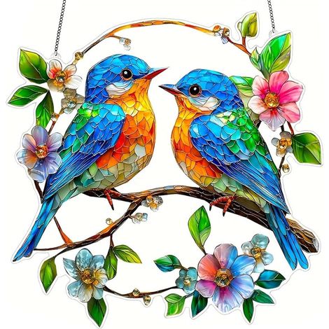 Décoration de fenêtre en acrylique à suspendre - Rouge-gorge et fleurs - Attrape-soleil - Décoration de fenêtre à suspendre toute l'année - Oiseau moderne - Pour salon, jardin, fenêtre, terrasse (1/5)
