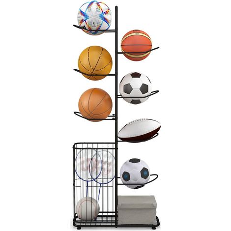 COSTWAY Estante para Pelotas de 7 Niveles, Soporte de Baloncesto Metálico con 7 Barras Colgantes Desmontables y Cesta Lateral para Pelotas, Organizador de Equipos Deportivos para Garaje, Negro (1/5)