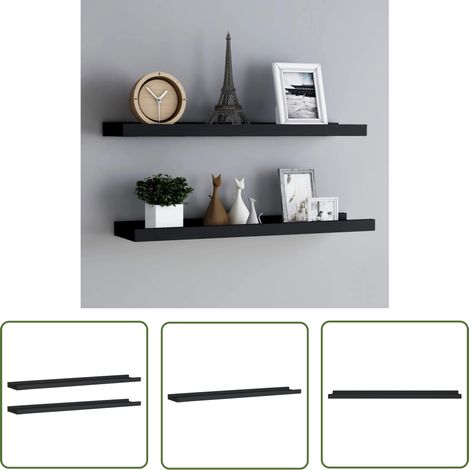 The Living Store Étagères à rebord pour cadre photo 2 pcs Noir 80x9x3 cm MDF - Étagères Murales - Étagères Déco - Rangement Mural - Décoration Murale - Cadres Photo (1/5)