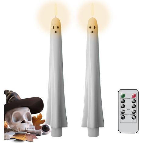 Bougies à piles - 2 x 2 x 24 cm - Bougeoirs LED fantômes pour Halloween, idéal pour les fêtes et la cheminée. Fonction lumière vacillante. Bougies coniques sans flamme pour la table, les repas, Noël e (1/5)