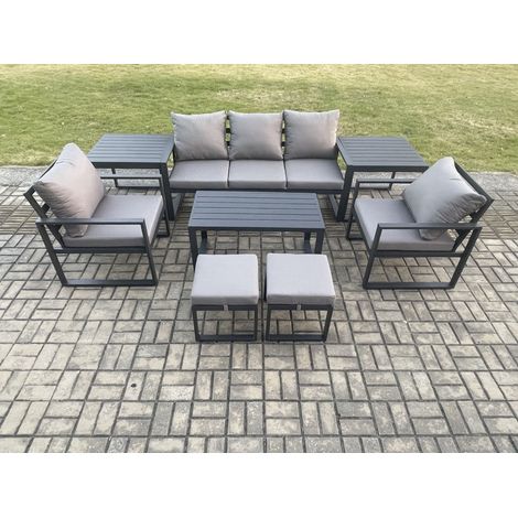 Fimous Aluminium Patio Outdoor Furniture Set 8 Pcs Garden Sofa with Oblong Coffee Table 2 Small Footstools 2 Armchairs 2 Side Tables Dark Grey (1/5)