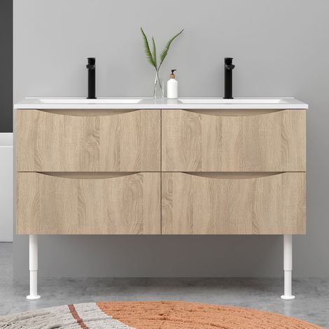 Meuble de salle de bain suspendu 120cm avec pieds + double vasque + 4 tiroirs, Chêne
