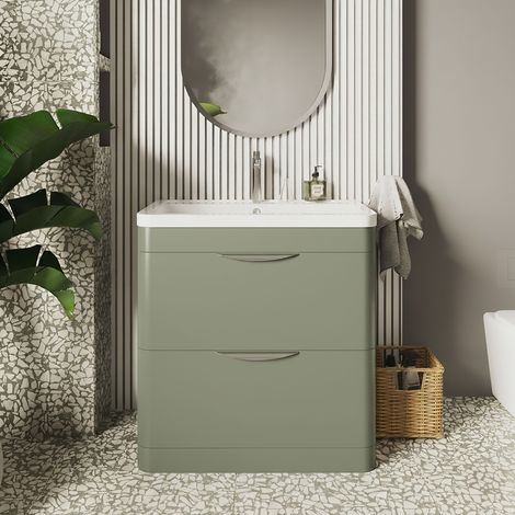 Nuie Parade Satin Green 800mm 2 Drawer Vanity Unit and Polymarble Basin - FPA804 (1/5)