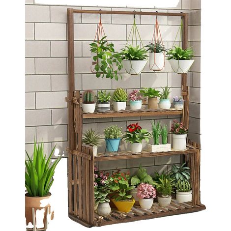 Support de Plantes, Matériau en Pin, 3 Niveaux, Capacité de Poids 20kg au Niveau Inférieur, Utilisation Personnalisable, Design Économiseur d'Espace (1/5)