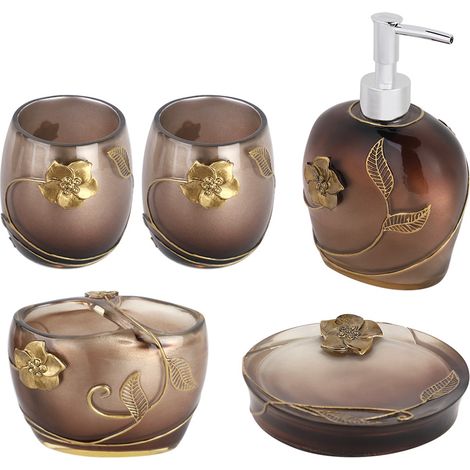 Ensemble d'accessoires de salle de bain en résine 5 pièces, élégant, comprenant un distributeur, un porte-brosse à dents et un ensemble complet. (1/5)