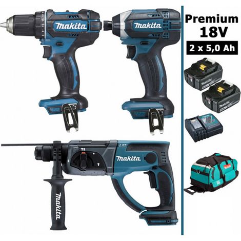 Makita – Pack d'outils électroportatifs 18V – Perceuse 62Nm DDF482, perforateur 2J DHR202, visseuse à chocs 165Nm DTD152 – 2 batteries 5Ah, sac inclus