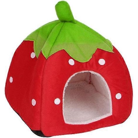 Joli terrier fraise pour chien et chat, maison cartoon pliable avec tapis, idéal pour animaux de compagnie, dortoir et maison. (1/3)