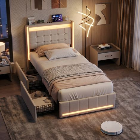 Cama Individual 90x200 cm Tapizada Capitoné, 2 Cajones, LED y USB, Somier de Láminas, Beige (1/5)