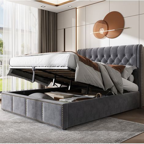 Lit coffre 180x200 en velours gris avec tête de lit HAVRYA (1/5)