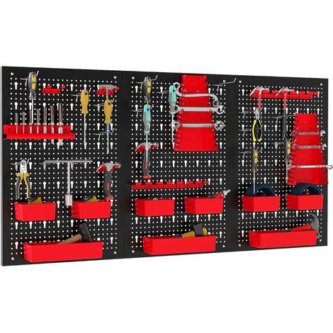 Muro de herramientas de metal con 9 cajas y soportes, rojo