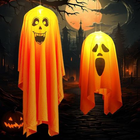 Lot de 2 fantômes LED d'Halloween, fantômes suspendus lumineux, décorations d'Halloween en plein air, peuvent être accrochés sur une terrasse ou (1/4)