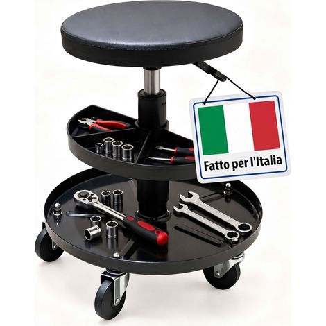 Relaxdays Sgabello da officina con ruote, regolabile, 120 kg, HxD 42-56x38 cm, 5 ruote, 3 vani, metallo, nero (1/5)