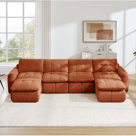 Modulares U-Sofa Orange aus Chenille, 334/160/68 cm, mit 2 Hockern und tiefen Sitzen (1/5)