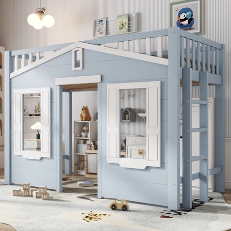 Hochbett 90x200 cm, platzsparendes Kinderbett mit Fenster und flexibler Leiter, Kiefernholz und MDF, Wei und Blau (1/5)