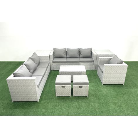 Fimous Wicker PE Rattan Sofa Garden Furniture Set with Armchair Oblong Coffee Table 2 Small Footstools 2 Side Tables Light Grey Mixed