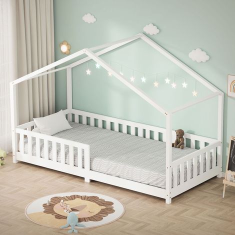 ML-Design Lit Cabane d'Enfant 90x200 cm Blanc en Pin Massif avec Protection Antichute, Toit et Sommier à Lattes, Style Maison, Couchage au Sol Montessori Cadre pour Fille Garçon Chambre à Coucher (1/5)