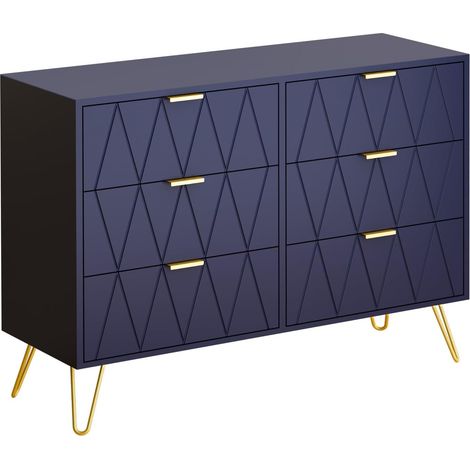 UEV Kommode mit 6 Schublanden 100x34x73cm Aufbewahrungsschrank für Kleidung Dokumente Spielzeug viel Stauraum Sideboard schmal für Wohnzimmer Schlafzimmer Kippsicherung Einfache Montage (Dunkelblau) (1/5)