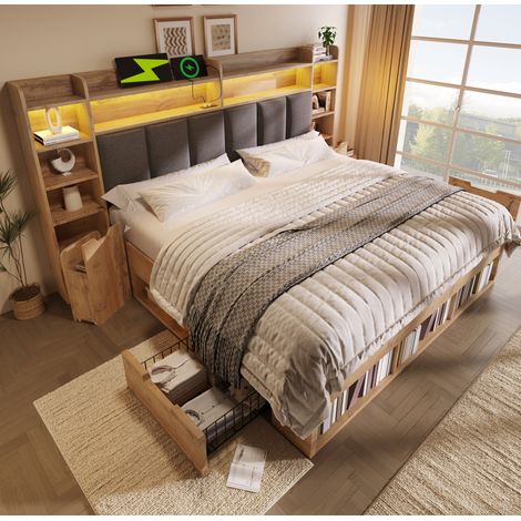 Bett modern Eichefarben 180x200 cm mit gepolstertem Kopfteil, LED, USB/USB-C, rollbaren Nachttischen und Schubladen