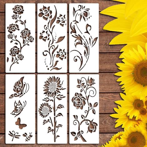Pochoir Fleuri Réutilisable - Pour Peinture sur Bois Murs Clôture - Motif Tournesol Pivoine Rose Marguerite - 36 x 16 x 3 cm - 1 Pièce (1/5)