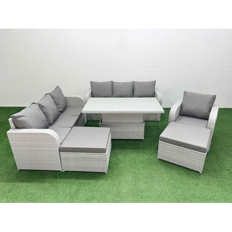 Fimous 9 Seater Poly Rattan Outdoor Garden Furniture Adjustable Lifting Dining or Coffee Table Sofa Set Patio 3 Seater Sofa Reclining Chair 3 Seater Sofa 2 Big Footstools Light Grey (1/5)