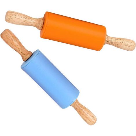 Mini mattarelli, set da 2, misura bambino, con manico in legno e rivestimento antiaderente in silicone, ideali per cucinare e preparare dolci in casa. (1/5)