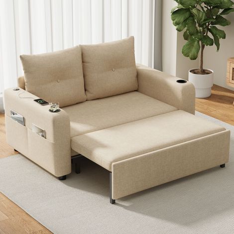 Canapé convertible 3 en 1 131x81x94 cm, canapé-lit extensible 2 places avec couchage, porte-gobelet, poches latérales et USB, Lin, Beige (1/5)