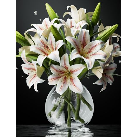 Ensemble de 6 lys artificiels, fleurs artificielles à tige courte avec 12 têtes de lys pleinement épanouis et 6 boutons pour le bureau, un mariage ou la maison.-AquaForge (1/5)