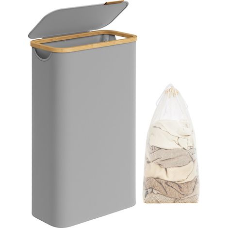 Songmics – Panier à linge mince 65L – Tissu Oxford 600D résistant – Doublure amovible en maille – Dimensions 42 x 22,5 x 70,5 cm – Couvercle avec poignée en bambou