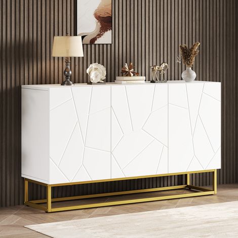 MEUBLIV Buffet 130 cm blanc et doré – 3 portes, finition brillante (1/5)